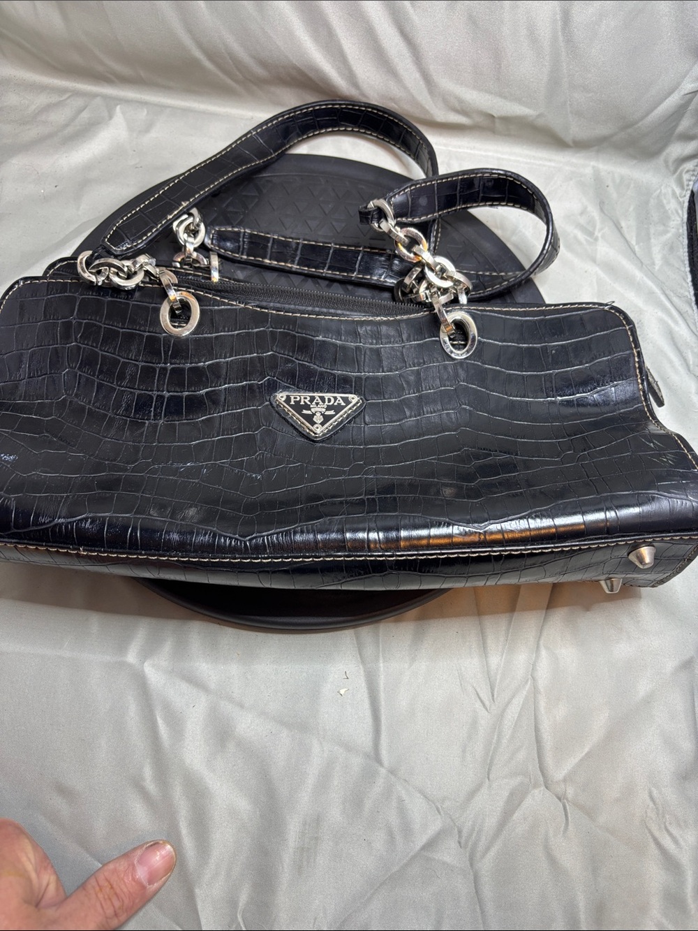 Prada Black Croc-Embossed Shoulder Bag with Silver Hardware
